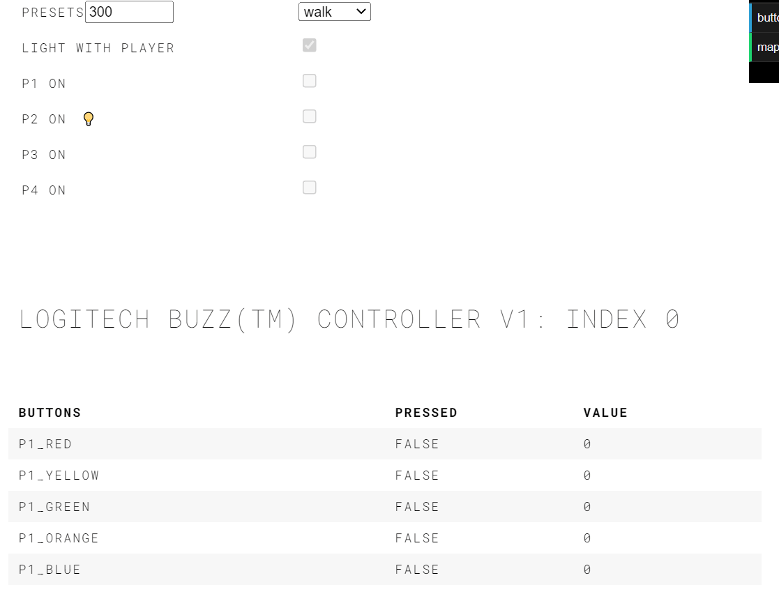 The test interface, controlling lights and highlighting button presses