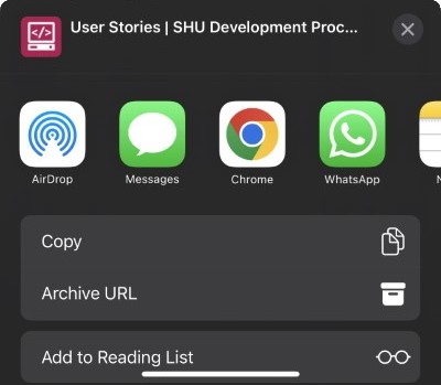 'User Stories' page on the iOS share sheet