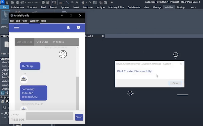 The Archie chatbot successfully created a wall in Revit from a chat messsage.