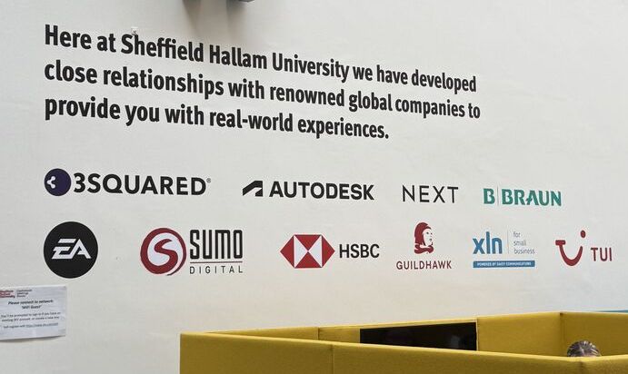 The Autodesk logo displayed front and center in an atrium at Sheffield Hallam University