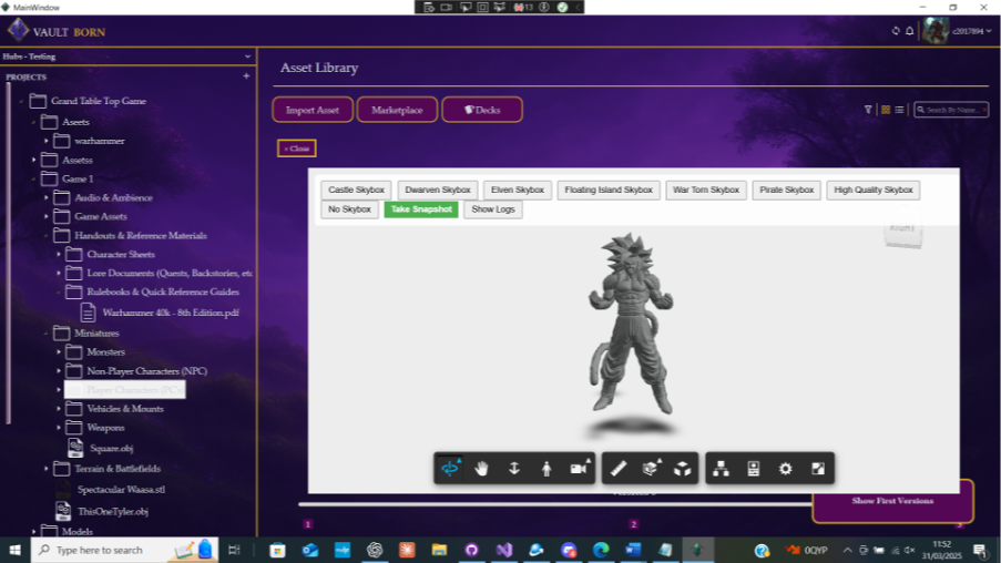 The Vaultborn system showing a tabletop miniature in its asset library.